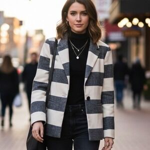 Ann Taylor LOFT $160 Size 0 Wool Blend Blue Cream Stripe Blazer Coat‎ Jacket